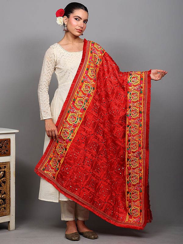 Mars-Red Phulkari Dupatta from Punjab with Embroidered Wedding Palanquin Border and Bead-Mirror Work