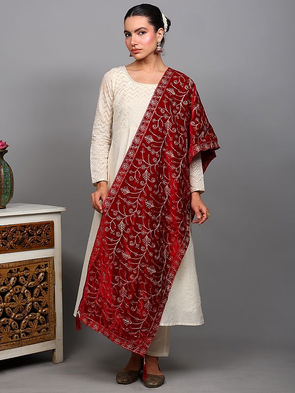 Persian-Red Velvet Stole from Punjab with Golden Thread Embroidery and Tassel