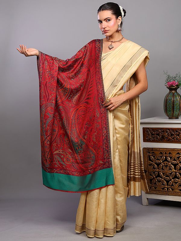 Rythmic-Red Reversible Kani Stole with Woven Giant Paisleys from Amritsar