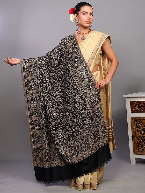 Reversible Shawl from Amritsar with Woven Paisleys and Floral Sprigs All-Over