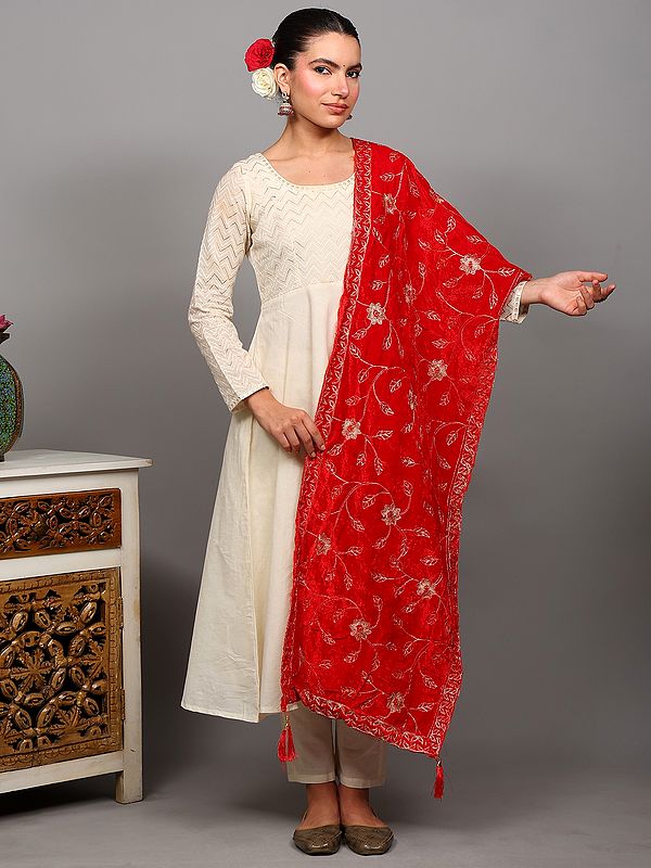 Velvet Stole with Golden Thread Embroidered Floral Vine and Tassel on Edges from Amritsar