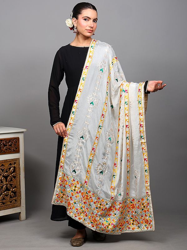 Star-White Phulkari Dupatta with Embroidered Floral Stripes in Multicolor Thread and Lace Border from Amritsar
