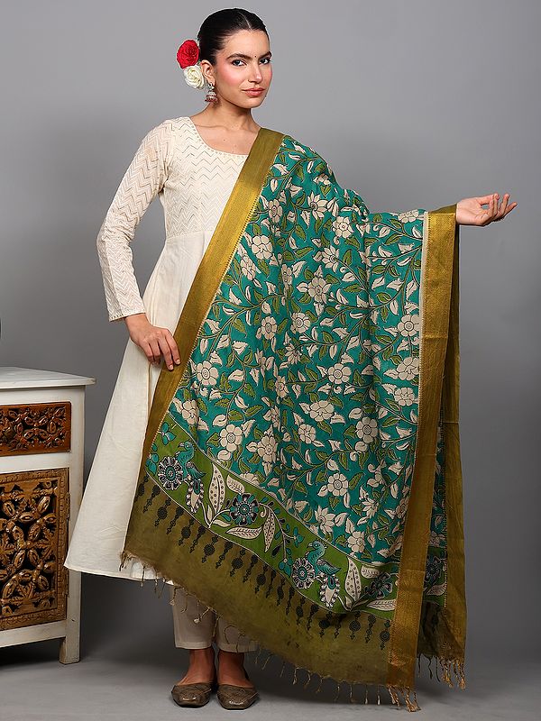 Deep-Green Kalamkari Dupatta with Printed Phool Bail-Peacocks and Zari Border from Telangana