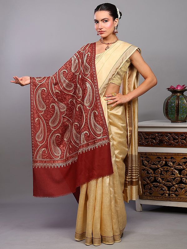 Wool Stole from Amritsar with Aari Embroidered Giant Paisleys