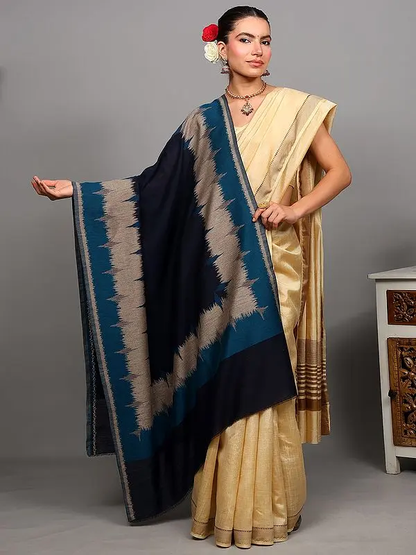 Ocean-Cavern Wool Shawl with Woven Ikat-inspired Pattern Border