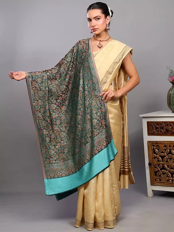 Antique-Green Reversible Kani Stole from Amritsar with Woven Paisleys and Flowers