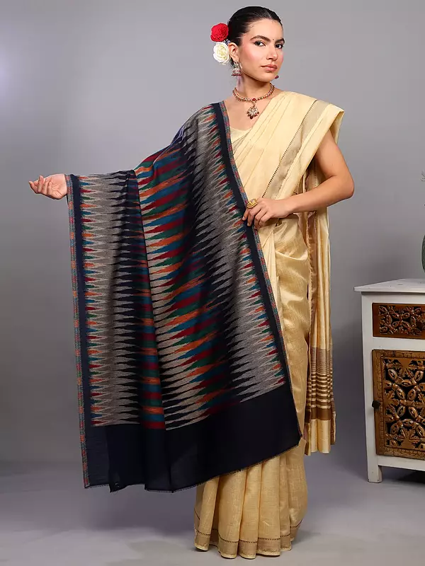 Wool Shawl with Woven All-Over Multicolor Geometric Ikat Pattern