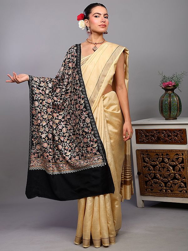 Bristol-Black Stole from Punjab with Chain Stitch Embroidered Floral Jaal in Multicolor Thread
