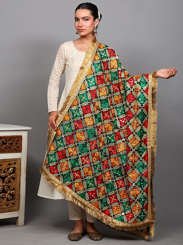 Multicolor Heavy Thread Embroidered Phulkari Dupatta from Punjab with Bead-Mirror Work and Golden Jhalar Lace Border