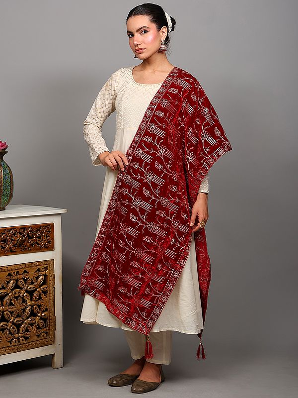 Rumba-Red Velvet Stole from Amritsar with Floral Golden Thread work and Latkan