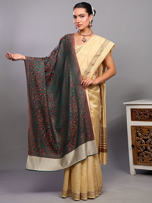 Bistro-Green Reversible Stole with Kani Woven Multicolor Flowers and Paisleys from Amritsar