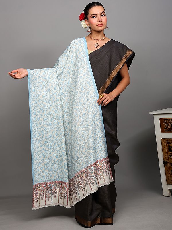 Star-White Jamawar Shawl with Woven Floral Leaves Jaal from Punjab