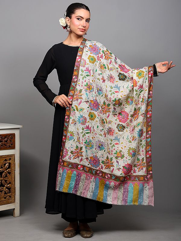 Solitary-Star Kalamkari Aari Embroidered Stole with Printed Flowers from Amritsar