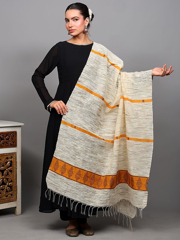 Winter-White Textured Khadi Dupatta with Thread Woven Tree Motifs