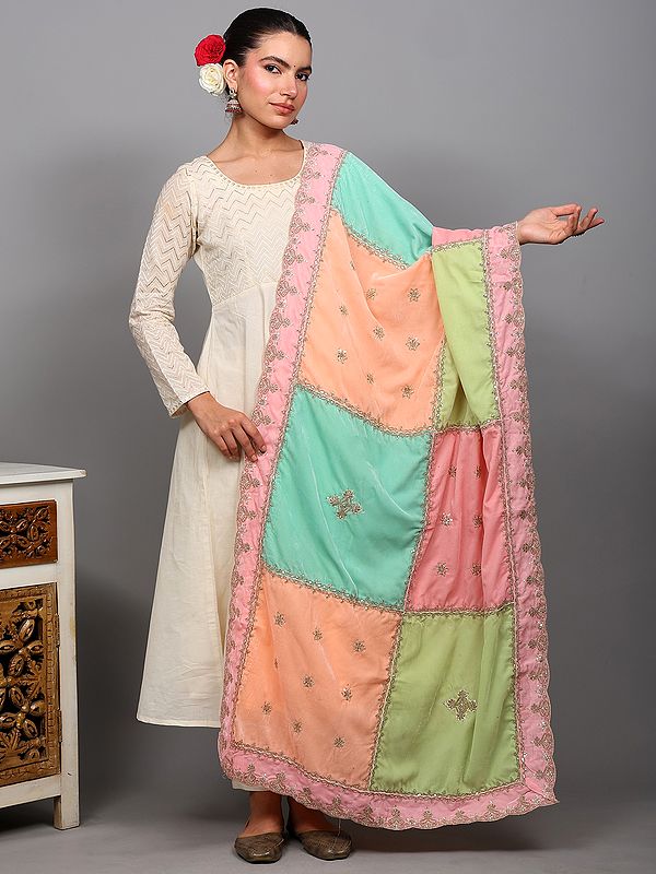 Multicolor Patch Work Velvet Dupatta with Sequins-Zardozi Embroidery and Scalloped Border