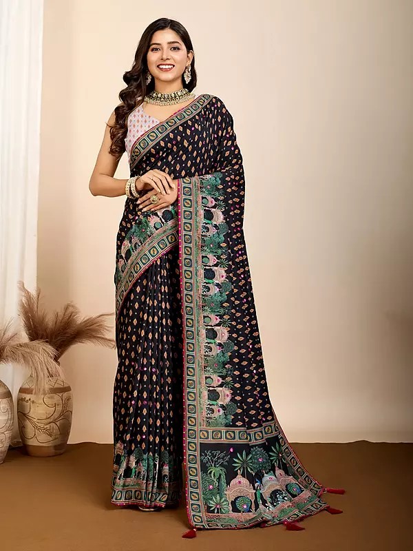 Elegant Black Printed Wide Border Muslin Cotton Saree With Blouse
