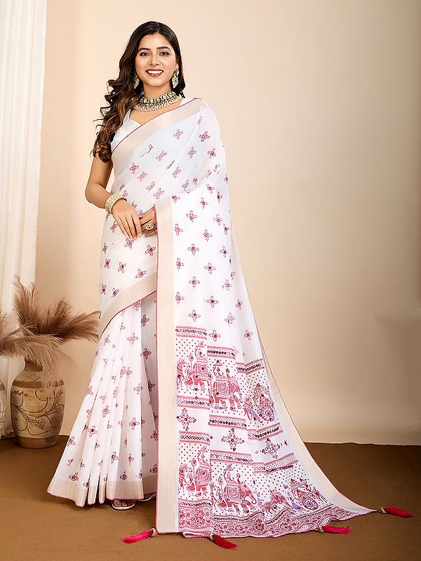 Muslin Cotton Ethnic Motifs Festive Wear Saree With Contrast Tassels Pallu
