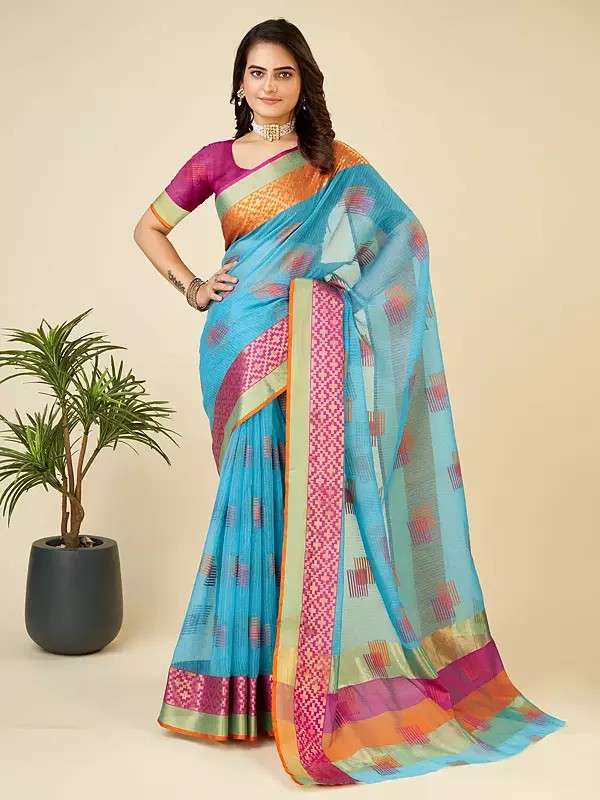 Cotton Silk Stunning Geometric Pattern Party Wear Saree With Blouse