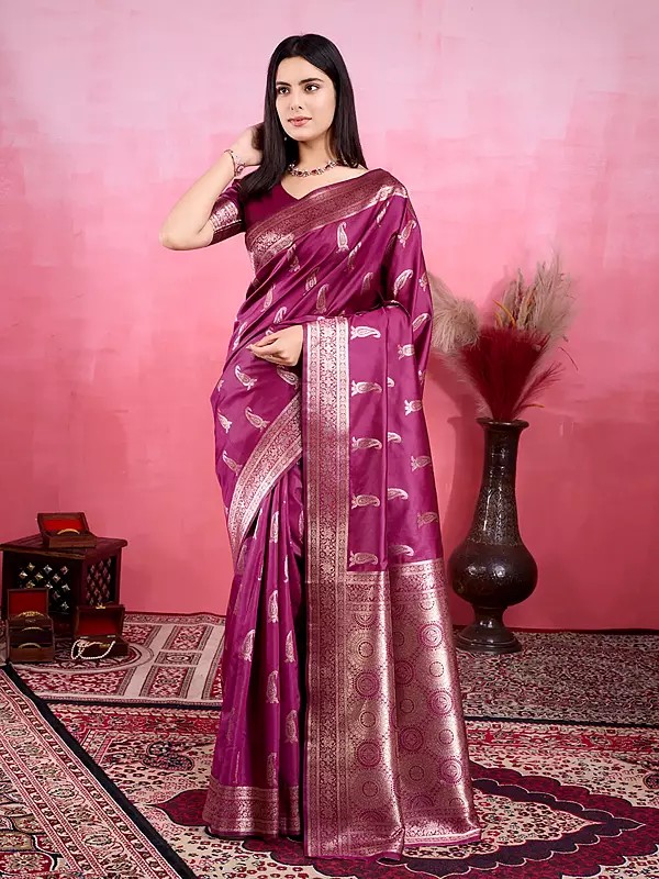 Attractive Soft Lichi Silk Paisleys Motifs And Weaving Work Saree