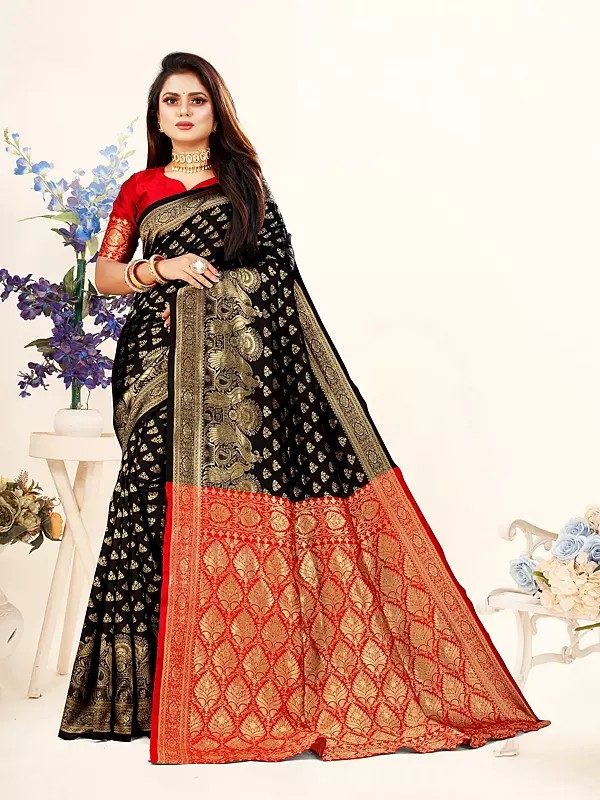 Stunning Lichi Silk Peacock Woven Motifs Wide Border Festive Wear Saree