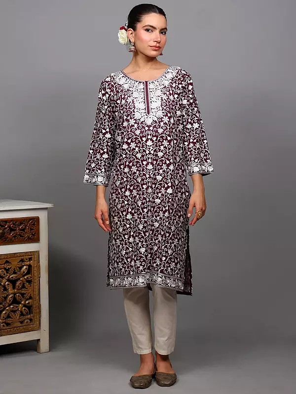 Prune-Purple Georgette Long Kurti with Aari Embroidered Floral Leaves