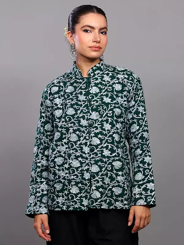 Alpine-Green Wool Short Jacket with Aari Embroidered Floral Vines and Side Pockets from Kashmir