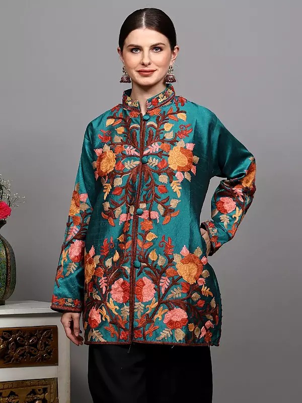 Short Jacket from Kashmir with Multicolor Aari Embroidered Flowers