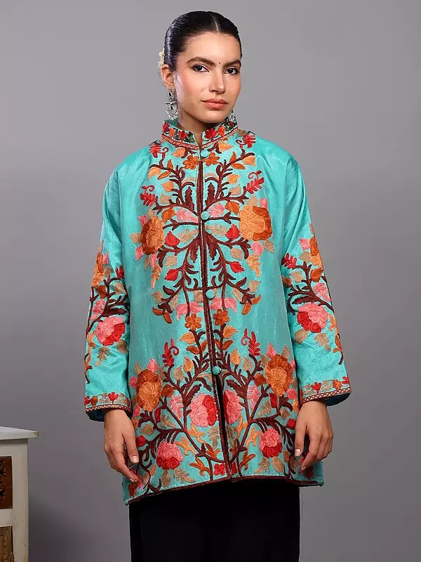Short Jacket from Kashmir with Multicolor Aari Embroidered Flowers