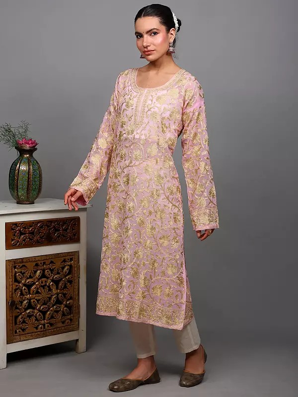 Parfait-Pink Georgette Long Kurti with Aari Embroidered Maple Vines