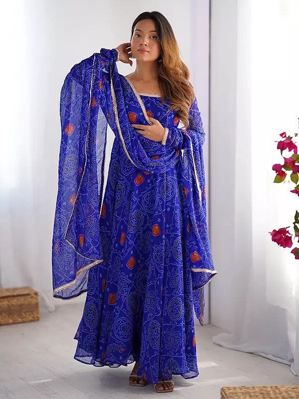 Stunning Soft Chiffon Bandhani Print Anarkali Suit With Lace Work Dupatta