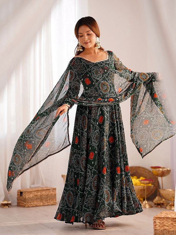 Soft Chiffon Bandhani Print Solid Elegant Anarkali Suit With Lace Work Dupatta