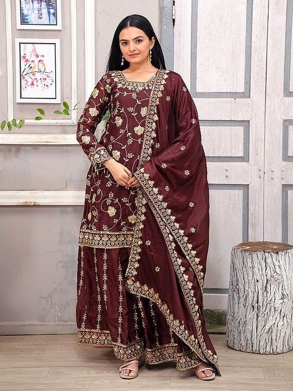 Sequins And Embroidery Work Attractive Chinon Kurti Sharara Set With Dupatta