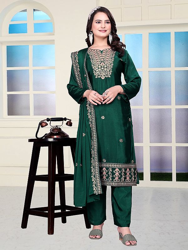 Floral Embroidery And Sequins Work Attractive Festive Wear Chinon Kurta Set With Dupatta