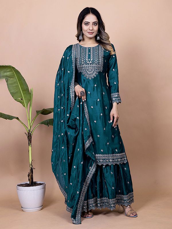 Chinon Attractive Embroidery And Sequins Work Kurti Sharara Set With Matching Dupatta