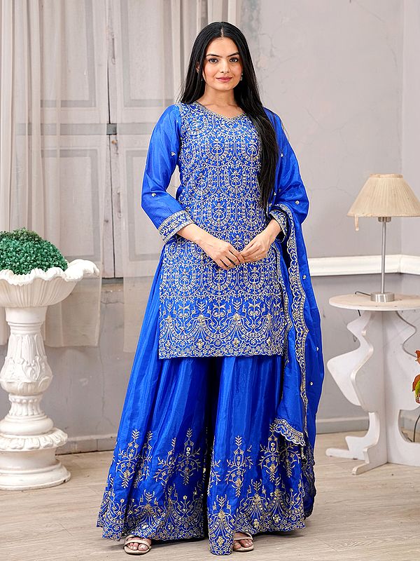 Heavy Sequins Work Chinon Elegant Festive Wear Kurti Sharara Set With Dupatta