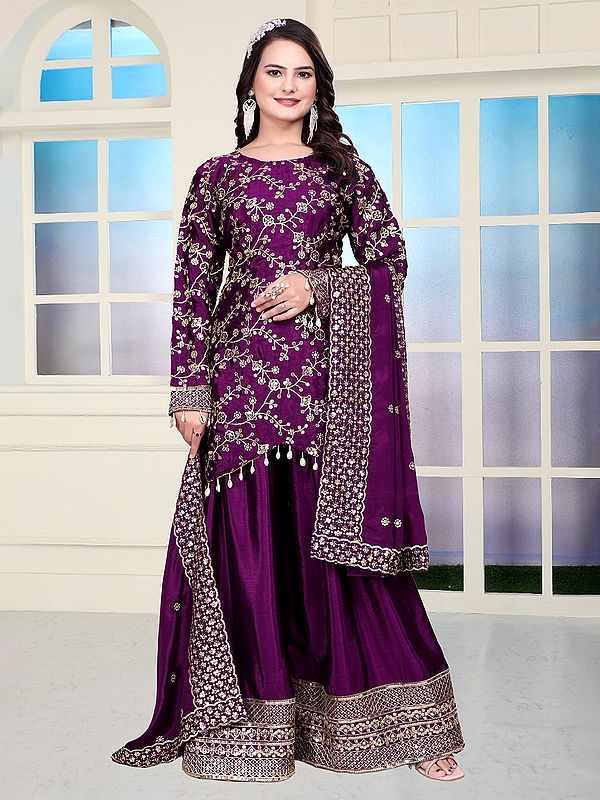 Attractive Chinon Sequins And Embroidery Work Kurti Sharara Set With Dupatta