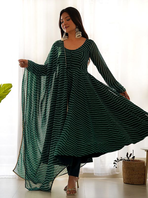 Heavy Pure Faux Georgette Zig-Zag Leheriya Print Flared Anarkali Suit With Dupatta
