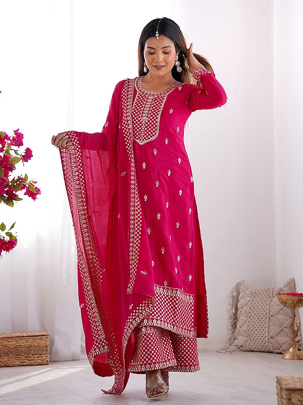 Pure Chinon Silk Sequins And Embroidery Work Festive Wear Kurta Set