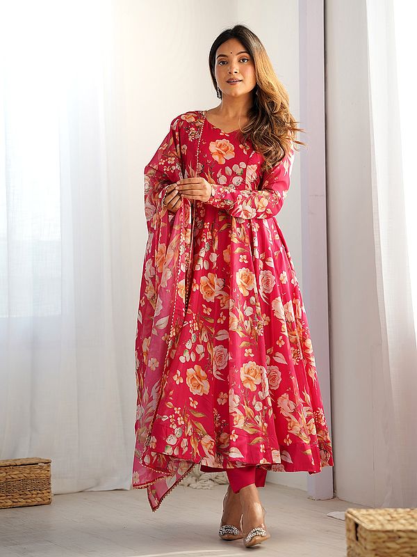 Floral Print Elegant Fully Flared Soft Organza Anarkali Suit With Lace Work Dupatta