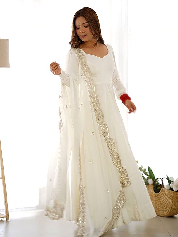 Roman Silk Embroidery And Sequins Work Festive Wear Anarkali Suit With Matching Dupatta