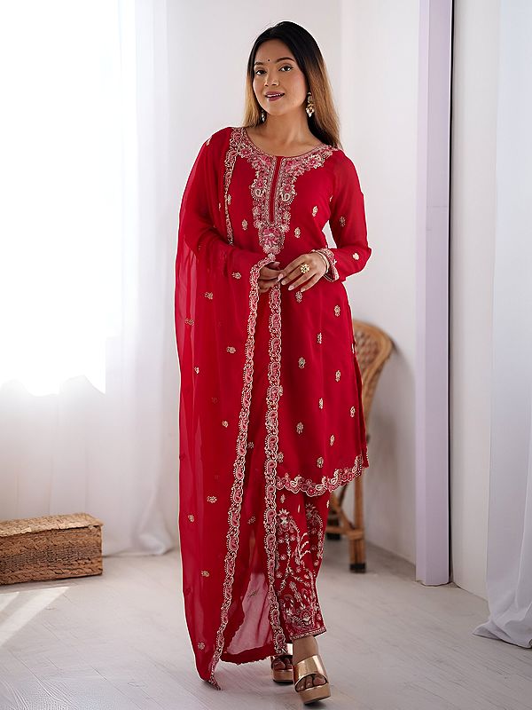 Stunning Faux Georgette Sequins Work Party Wear Kurta Set With Dupatta