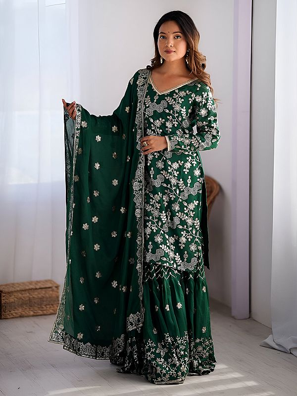 Floral Motifs Stunning Chinon Silk Party Wear Kurti Sharara Set With Dupatta