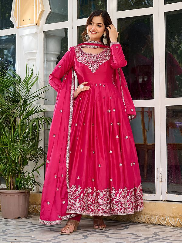 Stunning Silk Embroidery Work Flared Festive Wear Anarkali Suit With Matching Dupatta