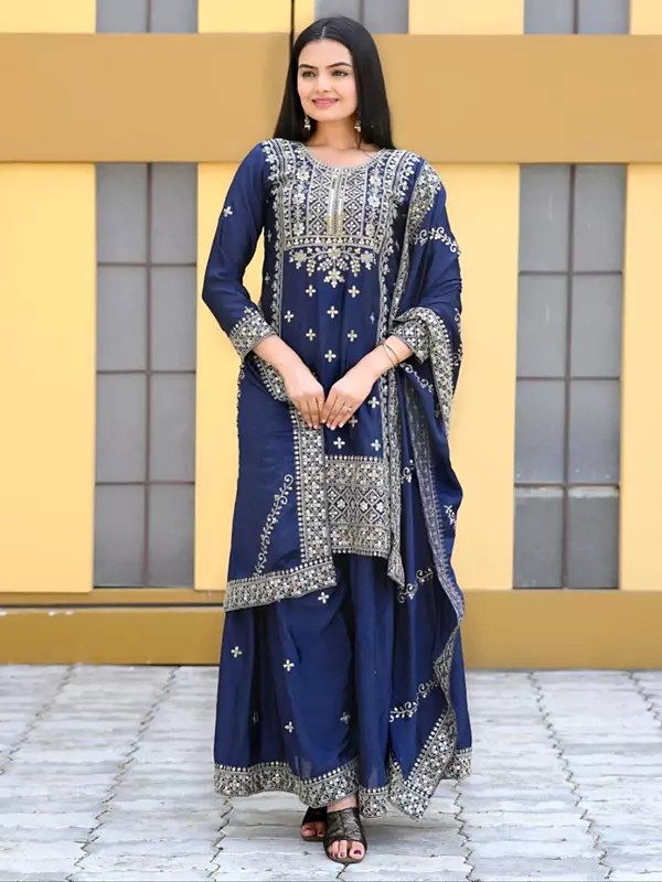 Navy-Blue Embroidery And Sequins Work Faux Georgette Kurti Sharara Set With Dupatta