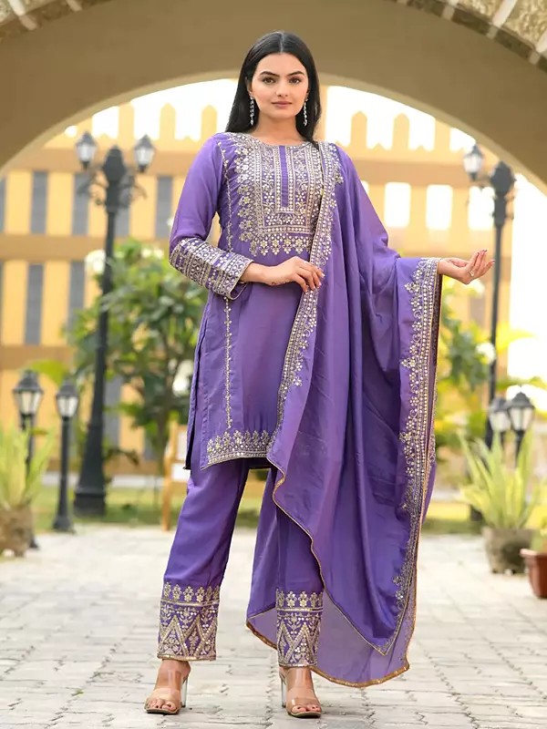 Lavender-Purple Embroidery And Sequins Work Festive Wear Chinon Kurta Set
