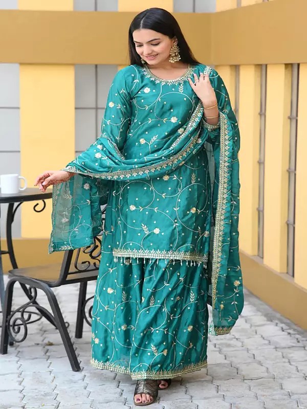 Light-Sea-Green Chinon Floral Embroidery Work Stunning Kurti Sharara Set