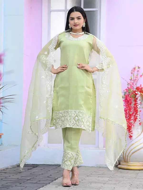 Beryl-Green Organza Embroidery Work Elegant Festive Wear Straight Kurta Set