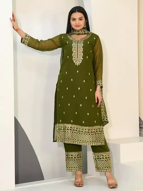 Army-Green Faux Georgette Embroidery Work Stunning Kurta Set With Dupatta
