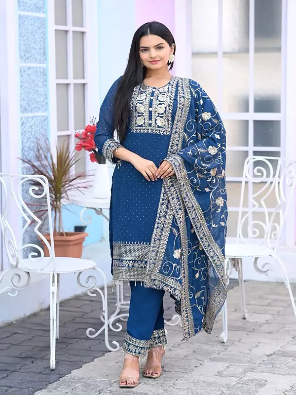 Light-Navy Faux Georgette Floral Embroidery Work Kurta Set With Matching Dupatta