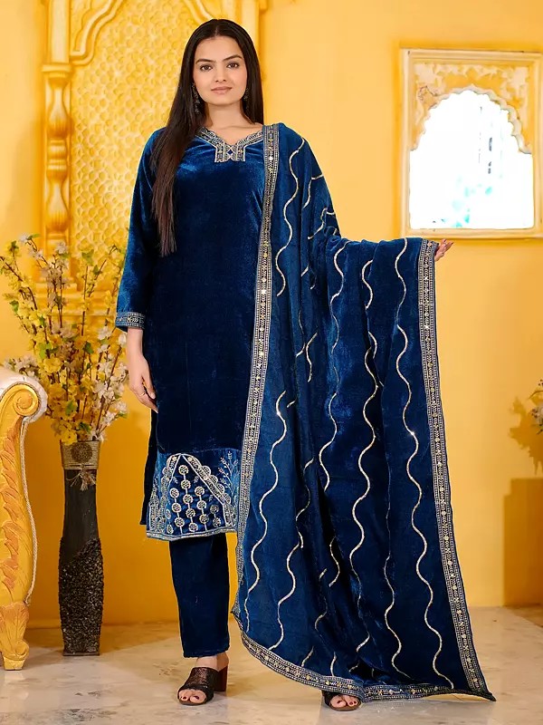 Blue-Zodiac Velvet Embroidery Work Attractive Straight Kurta With Dupatta